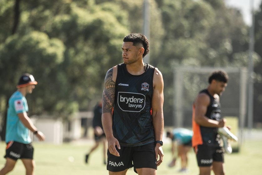 Solomon Alaimalo at Wests Tigers training. Alaimalo will become the club's oldest debutant.