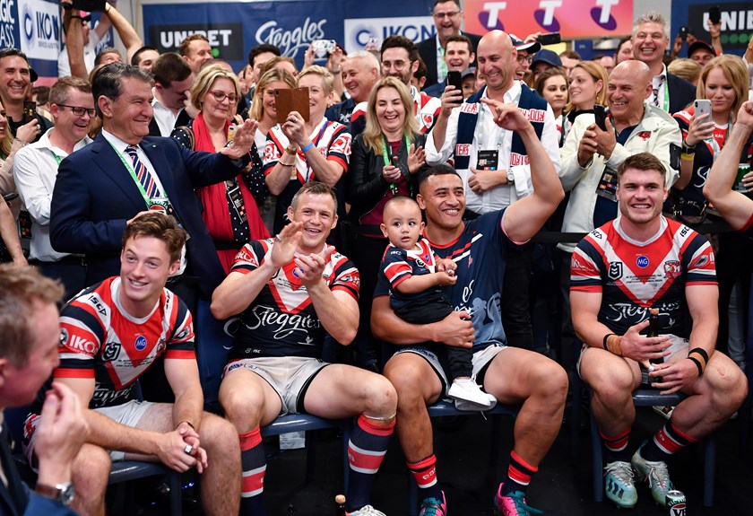 The Roosters celebrate the 2019 grand final win.