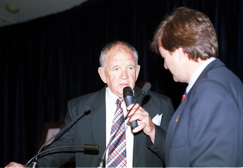 Jack Gibson speaks at a tribute dinner for Roosters stalwart Luke Ricketson.
