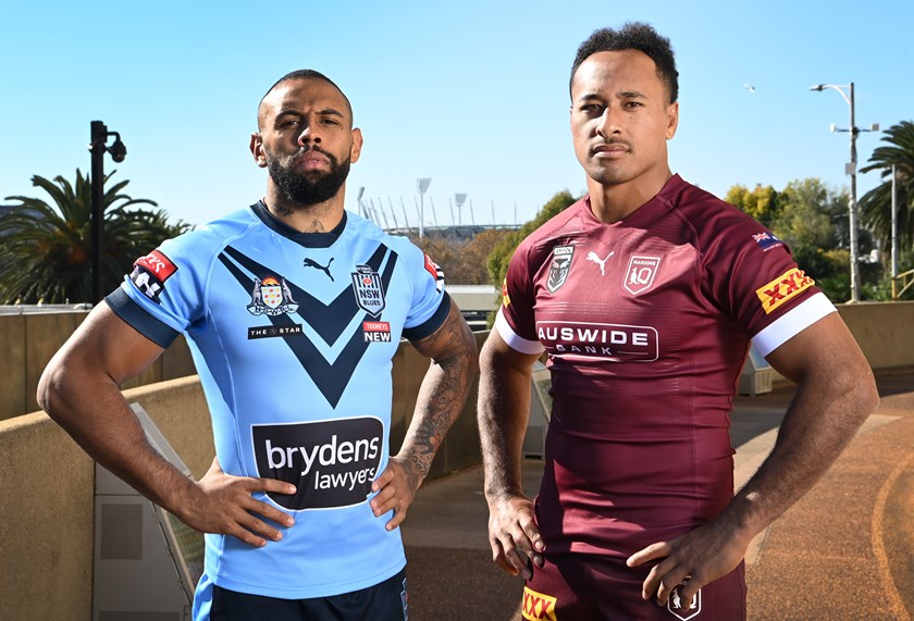 NSW winger Josh Addo-Carr and Maroons forward Felise Kaufusi.