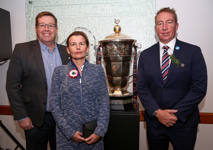 IRL chair Troy Grant, France consul general in Sydney, Anne Boillon, and Trent Robinson, Sydney Roosters coach and FFRXIII director of rugby, with the World Cup on ANZAC Day.