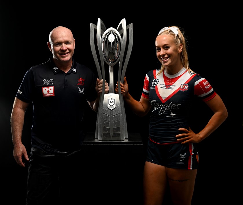 Roosters coach John Strange with daughter Jasmin after their 2024 NRLW premiership triumph.