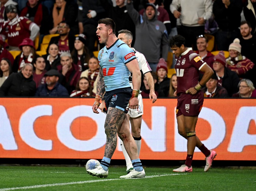 Bradman Best celebrates his try in Wednesday night's State of Origin victory.