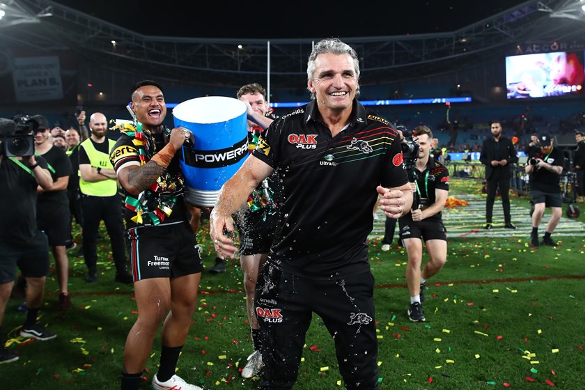 Panthers coach Ivan Cleary is soaked after the 2023 NRL grand final. 