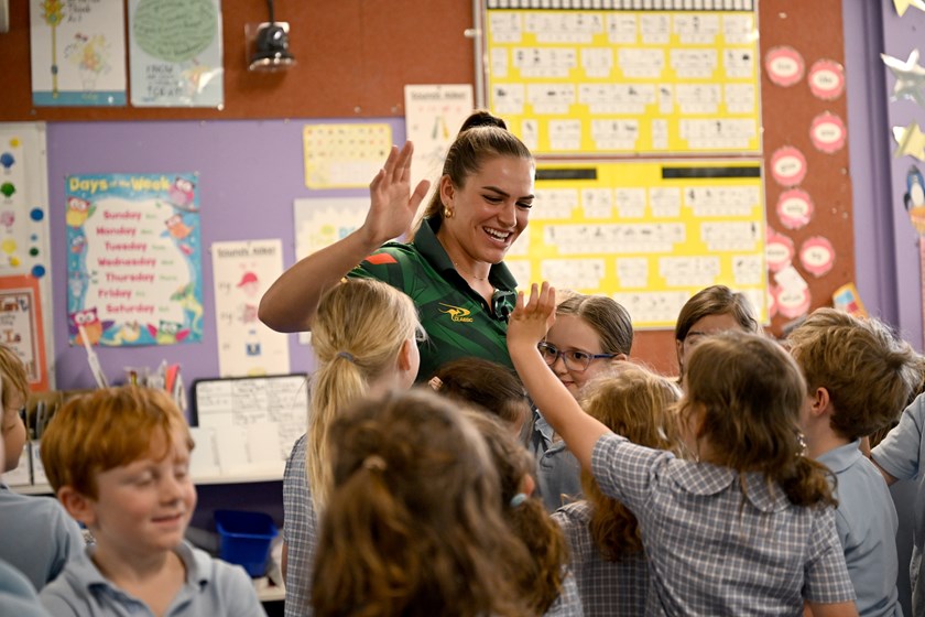 Jillaroos winger Jakiya Whitfeld was mobbed during a recent visit to her primary school in O'Connell.