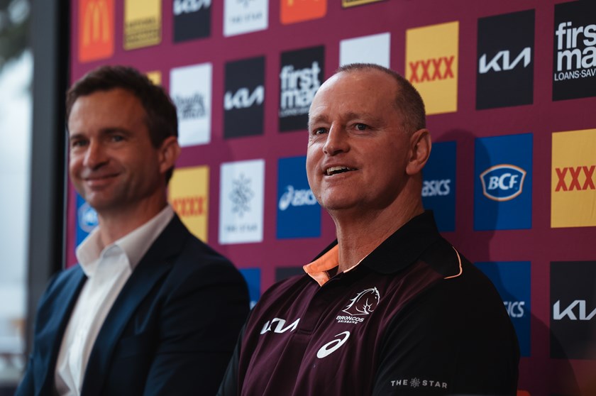 Michael Maguire addresses media with Broncos CEO Dave Donaghy.