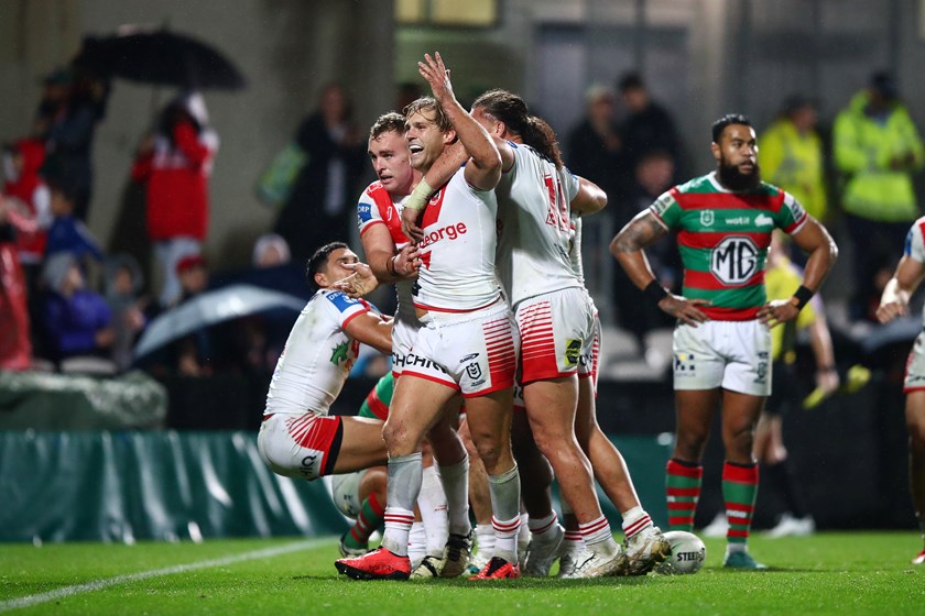 Jack de Belin celebrates a try in Saturday's win over the Rabbitohs. 
