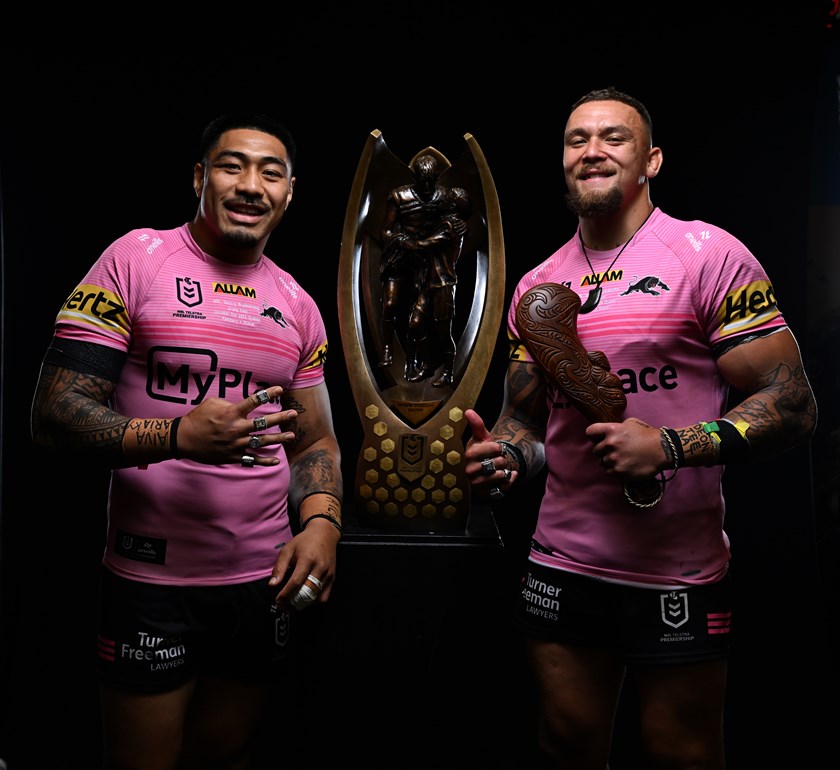 Moses Leota and James Fisher-Harris celebrated their final game together as Panthers with a premiership.