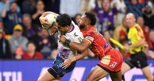 Reimis Smith of the Storm scores a try during the NRL Round 12 match  between the Redcliffe Dolphins and the Melbourne Storm at Suncorp Stadium  in Brisbane, Saturday, May 20, 2023. (AAP