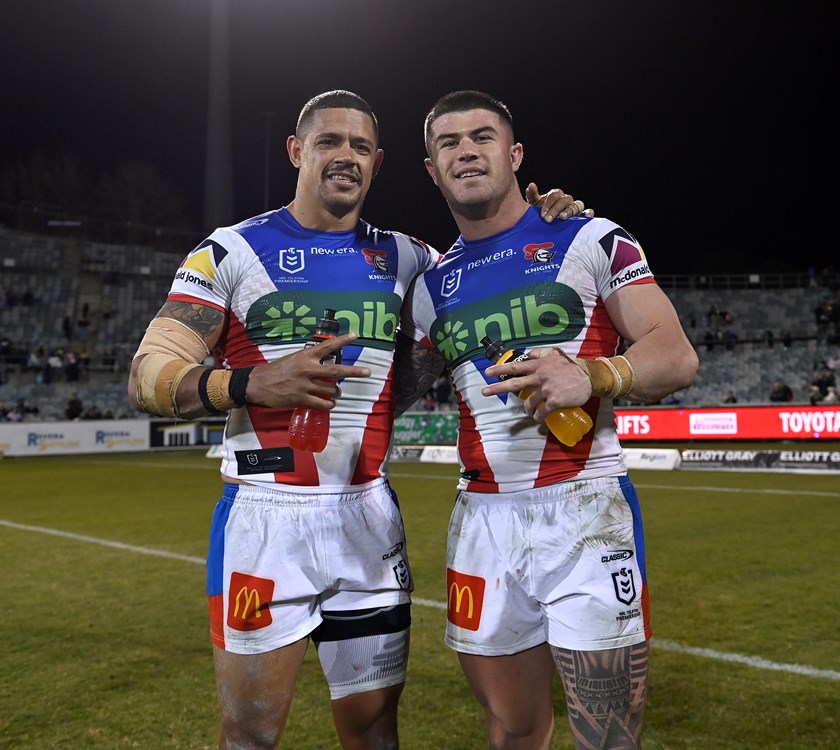 Knights teammates Dane Gagai (left) and Bradman Best will face off as opponents in next week's State of Origin decider.