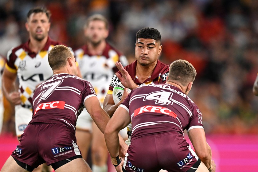 Josiah Karapani takes the ball up for Brisbane in his Magic Round debut against Manly.