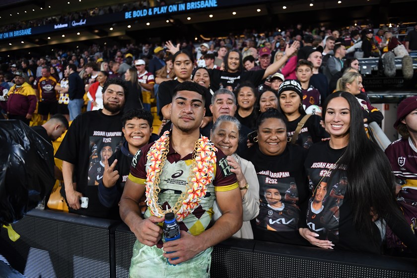 Josiah Karapani with his family members who flew that morning from New Zealand to support him in his NRL debut.