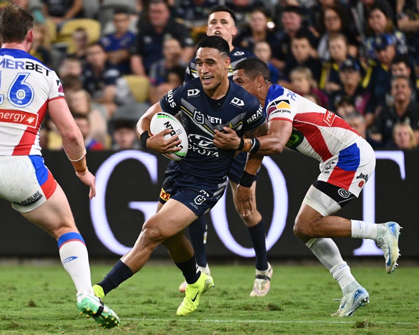 Valentine Holmes with the ball for the Cowboys in their elimination final win over the Knights.