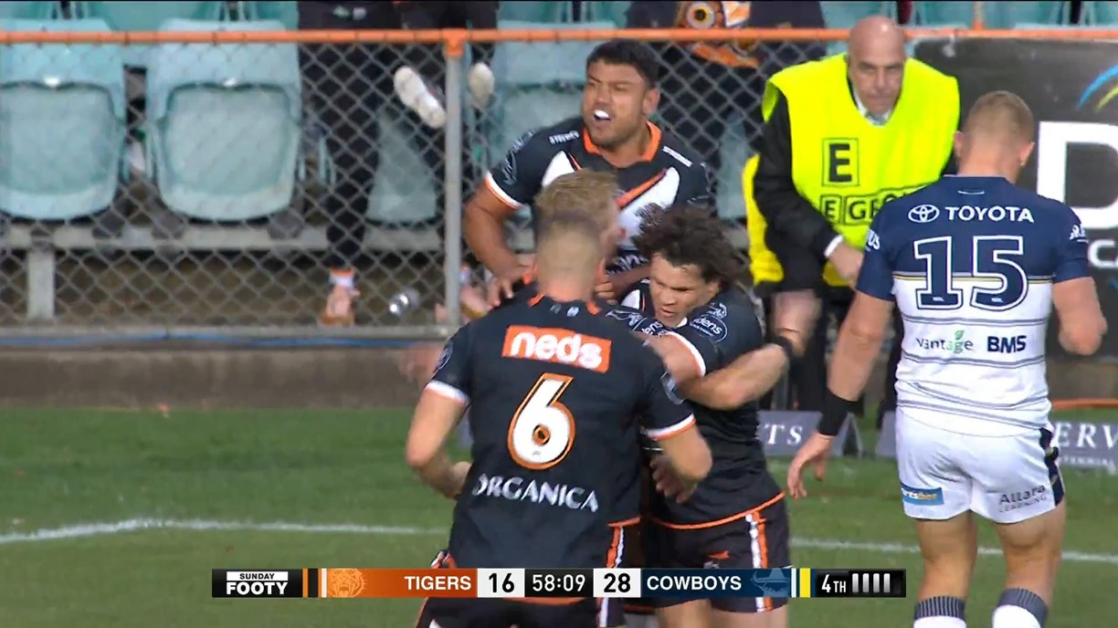 SYDNEY, AUSTRALIA - APRIL 11: Daine Laurie of the Tigers warms up during  the round five NRL match between the Wests Tigers and North Queensland  Cowboys at Leichhardt Oval on April 11