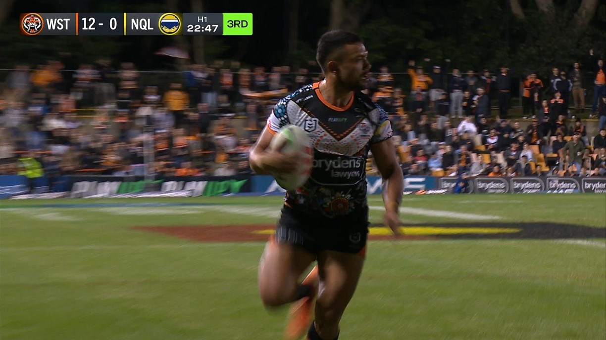 Luke Brooks of the Wests Tigers celebrates during the NRL Round 12 match  between the Wests Tigers and the North Queensland Cowboys at Leichhardt  Oval in Sydney, Saturday, May 20, 2023. (AAP