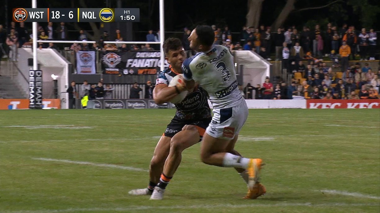 Luke Brooks of the Wests Tigers celebrates during the NRL Round 12 match  between the Wests Tigers and the North Queensland Cowboys at Leichhardt  Oval in Sydney, Saturday, May 20, 2023. (AAP