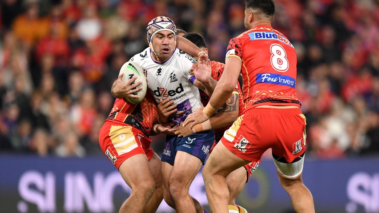 Reimis Smith of the Storm scores a try during the NRL Round 12 match  between the Redcliffe Dolphins and the Melbourne Storm at Suncorp Stadium  in Brisbane, Saturday, May 20, 2023. (AAP