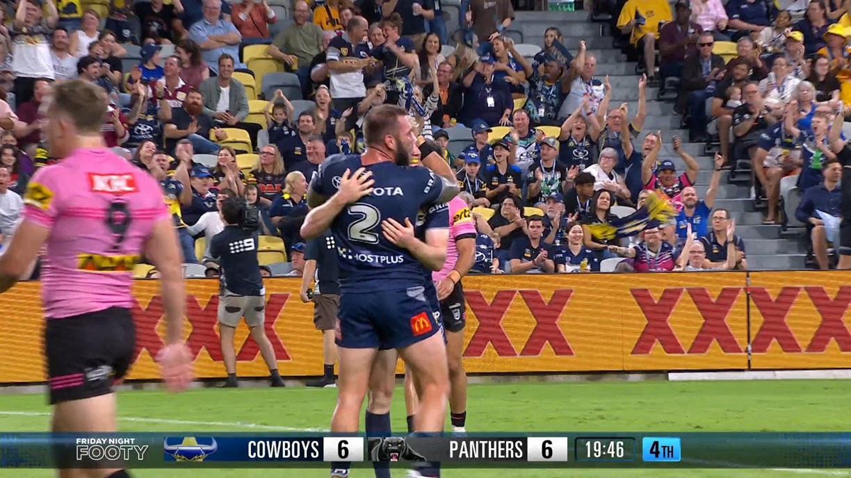 Townsville, Australia. 16th June, 2023. Tom Dearden of the Cowboys  celebrates with fans during the NRL Round 16 match between the North  Queensland Cowboys and Penrith Panthers at Queensland Country Bank Stadium