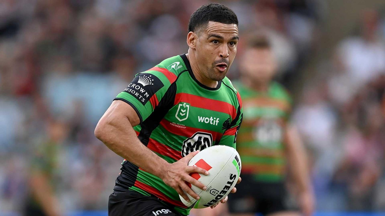 Tolutau Koula of the Sea Eagles is tackled by Cody Walker of the Rabbitohs  during the NRL Round 4 match between the South Sydney Rabbitohs and the  Manly-Warringah Sea Eagles at ACCOR