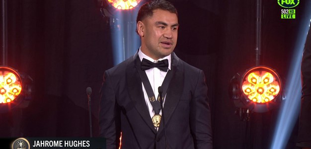 Jahrome Hughes takes to the stage to collect his Dally M Medal