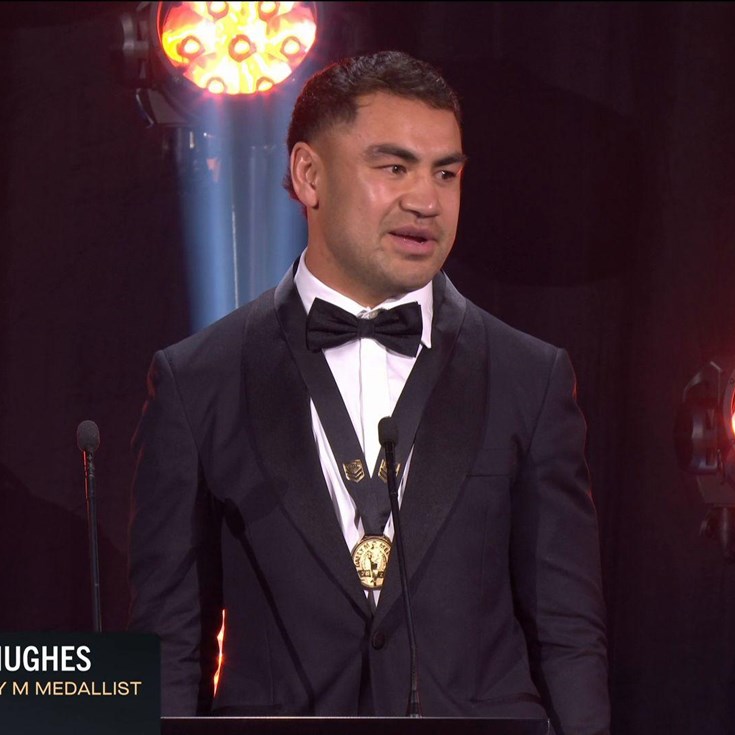 Jahrome Hughes takes to the stage to collect his Dally M Medal