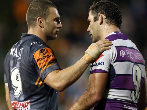 Robbie Farah and Cameron Smith following the Round 21 Tigers-Storm clash at Leichhardt Oval.