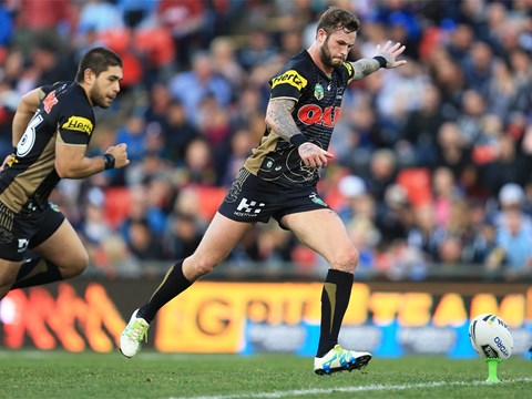 Panthers recruit Zak Hardaker kicks off during his team's clash with Cronulla on Sunday.