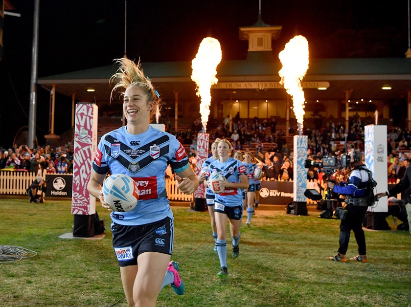 Kezie Apps leads the Blues out in the 2019 Origin clash at North Sydney.