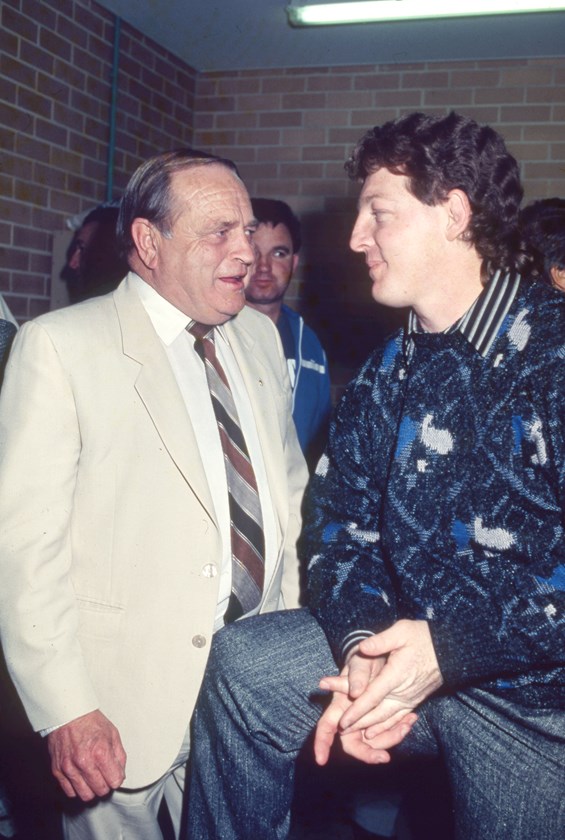 Canterbury patriarch Peter Moore with coach Phil Gould in 1988.