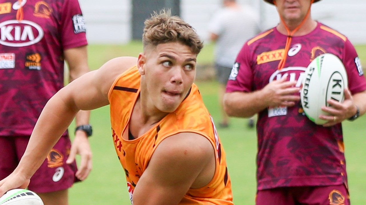 NRL BRONCOS COWBOYS, Reece Walsh of the Broncos kiss his jersey after  scoring a try during the NRL