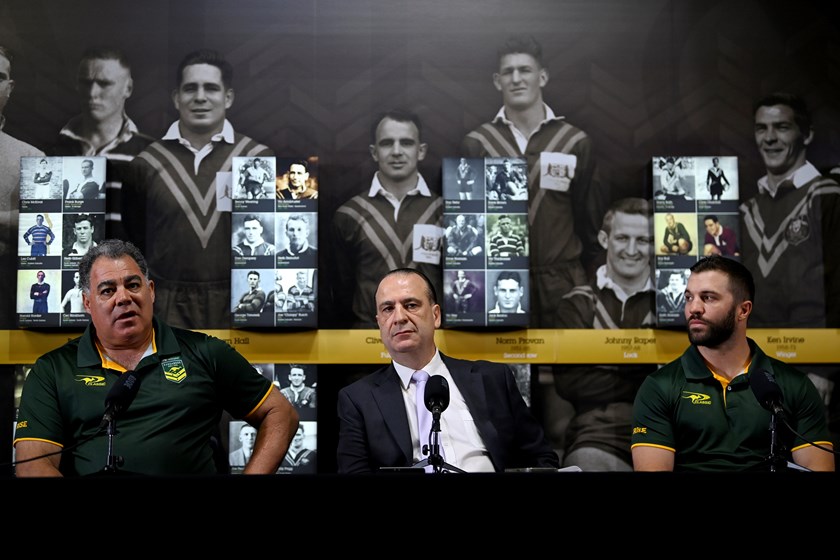Kangaroos coach Mal Meninga, ARLC chair Peter V'landys and captain James Tedesco