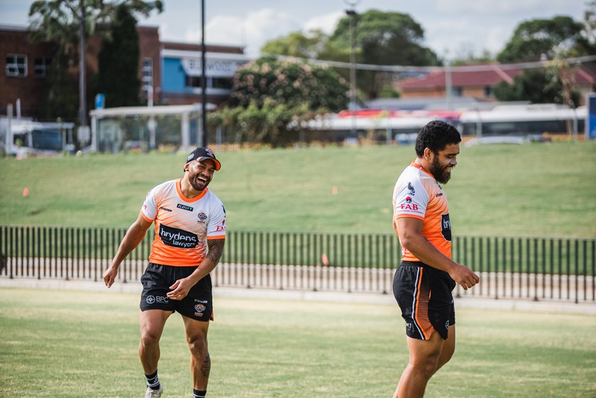 New recruits Api Koroisau and Isaiah Papali'i share a laugh at training.