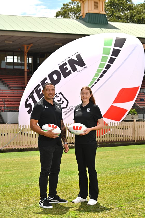 Tyson Frizell and Knights NRLW counterpart Tamika Upton at the NRL's partnership announcement with Westpac in North Sydney last week.