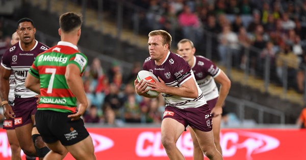 Tolutau Koula of the Sea Eagles is tackled by Cody Walker of the Rabbitohs  during the NRL Round 4 match between the South Sydney Rabbitohs and the  Manly-Warringah Sea Eagles at ACCOR