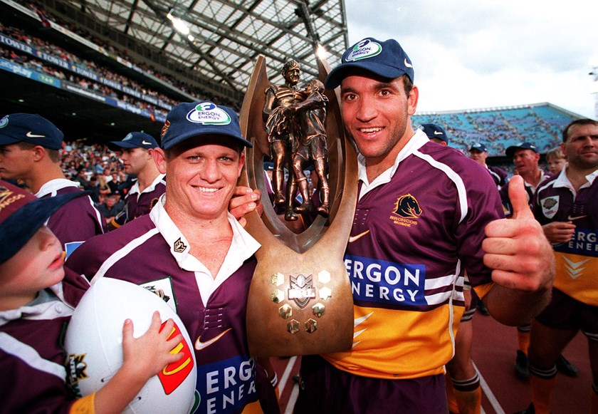 Kevin Walters and Gorden Tallis celebrate the Broncos' 2000 grand final win