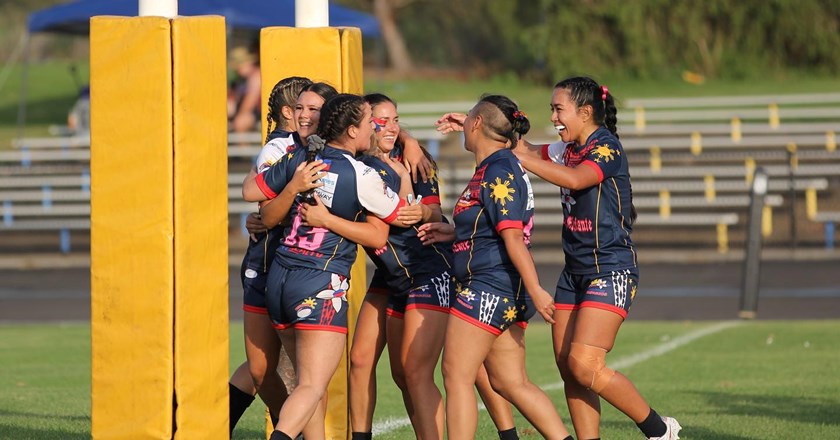 Philippines women celebrate a try in January's historic win against Greece at Lidcombe Oval. 