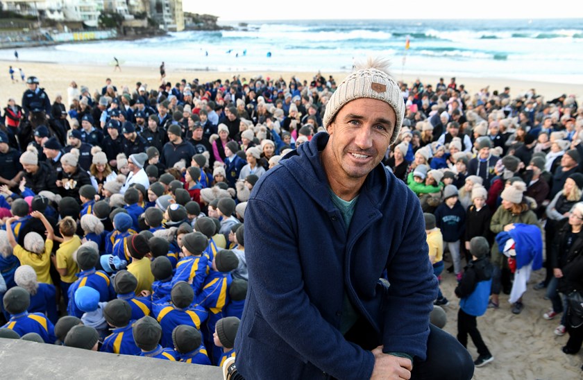 Knights legend Andrew Johns at a Beanie For Brain Cancer event at Bondi Beach in 2018.