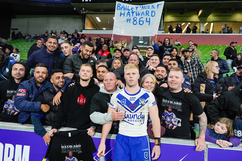 Bailey Hayward with friends and family after making his NRL debut against Melbourne in Round 6.