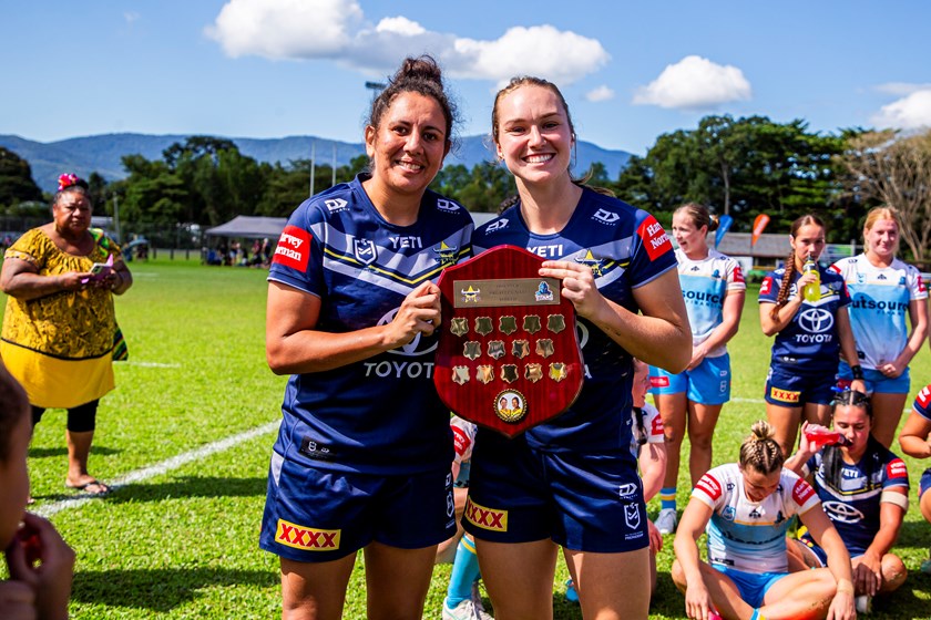 Cowboys co-captains Tallisha Harding and Kirra Dibb with the Breayley-Nati - Hoepper Shield after beating the Titans in the inaugural clash.