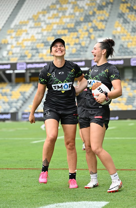 Sharing a laugh with Māori All Stars teammate Shaniah Parker.