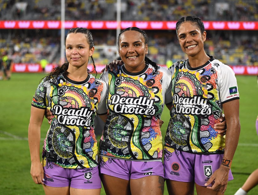 Taneka Todhunter with Mahalia Murphy and Kimberley Hunt after the Indigenous All Stars' victory in Townsville in February.