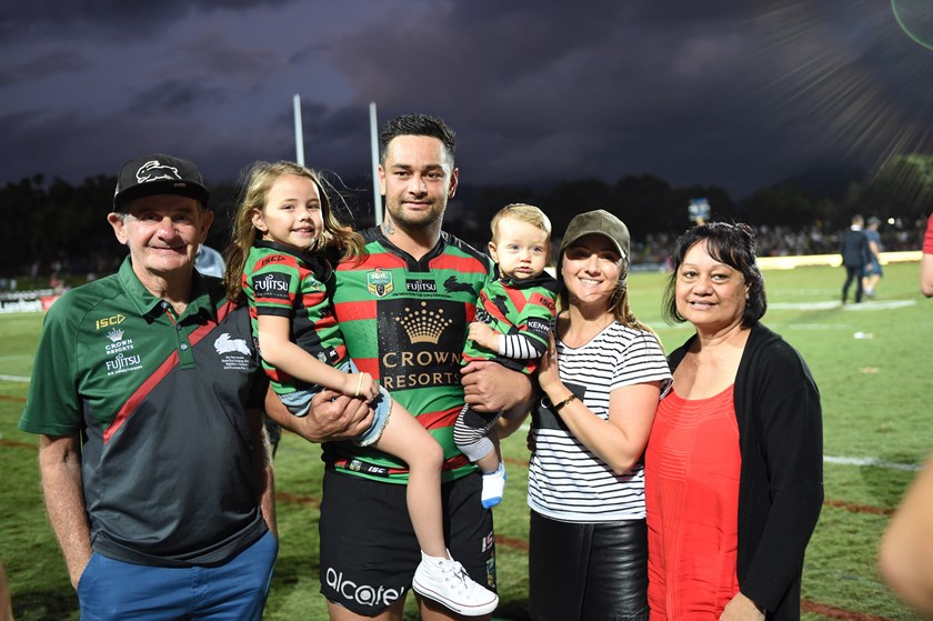 John Sutton celebrates his 250th NRL appearance in 2016 with his family, including mother Elena (right).