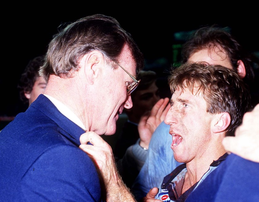 Coach Terry Fearnely and captain Steve Mortimer share a life-changing moment in 1985.