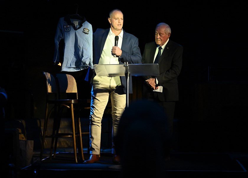 NSW coach Michael Maguire on stage at the True Blues dinner.