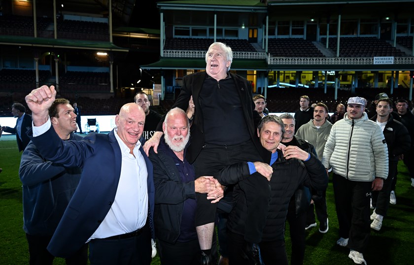 Peter Wynn, Noel Cleal and Wayne Pearce re-create the famous photo of them chairing Steve Mortimer from the SCG after NSW's first Origin series win in 1985.