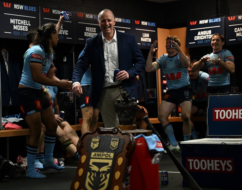 Michael Maguire shows off the "Turvey" trophy and the State of Origin Shield after NSW's 14-4 win in the decider.