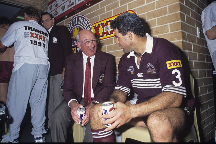 Maroons skipper Mal Meninga savours a special victory with legendary team manager Dick 'Tosser' Turner.