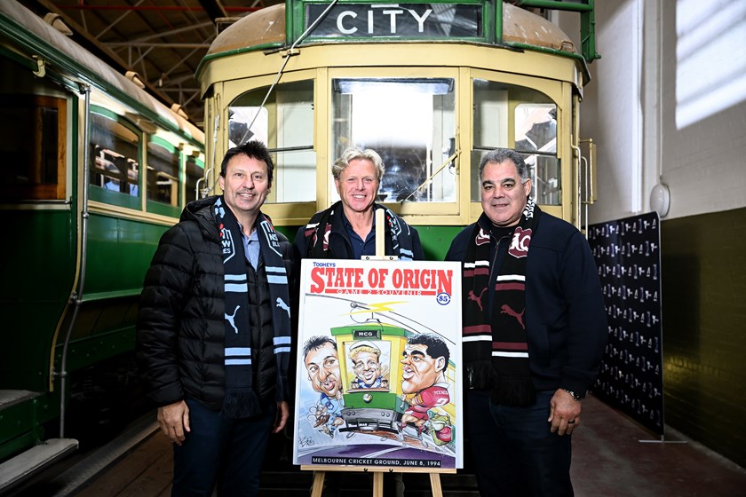 Laurie Daley, Dermot Brereton and Mal Meninga re-created Scott 'Boo' Bailey's famous cartoon on the cover of the 1994 MCG Origin program.  