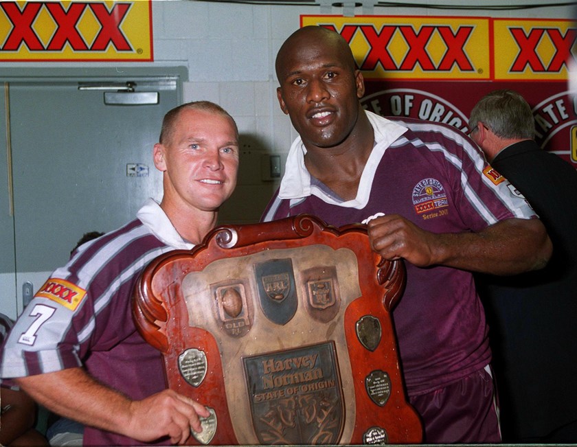 Allan Langer and Wendell Sailor savour the Maroons' series triumph in 2001.