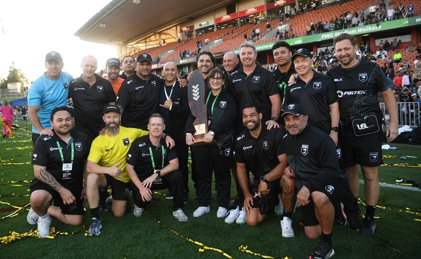 Michael Maguire and the Kiwis coaching staff celebrate their record defeat of Australia in the Pacific Cup final.
